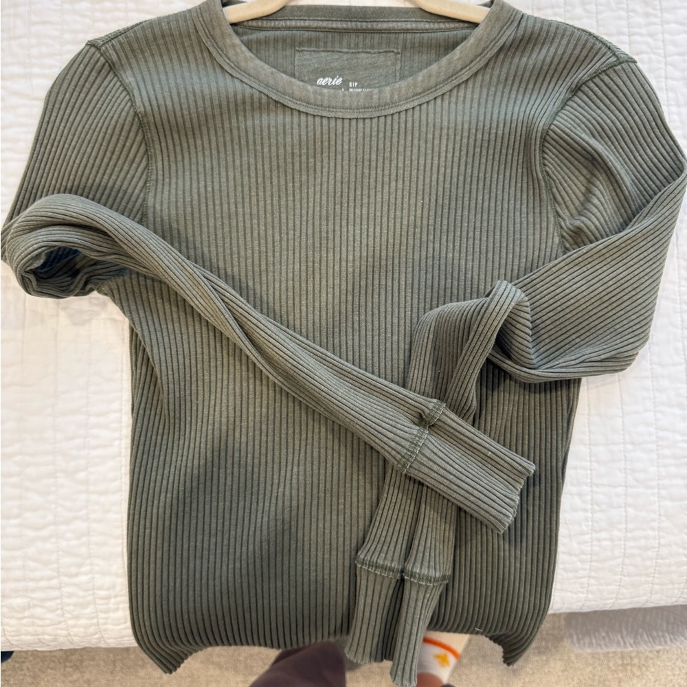 Aerie Sage Ribbed Crew Neck Sweater